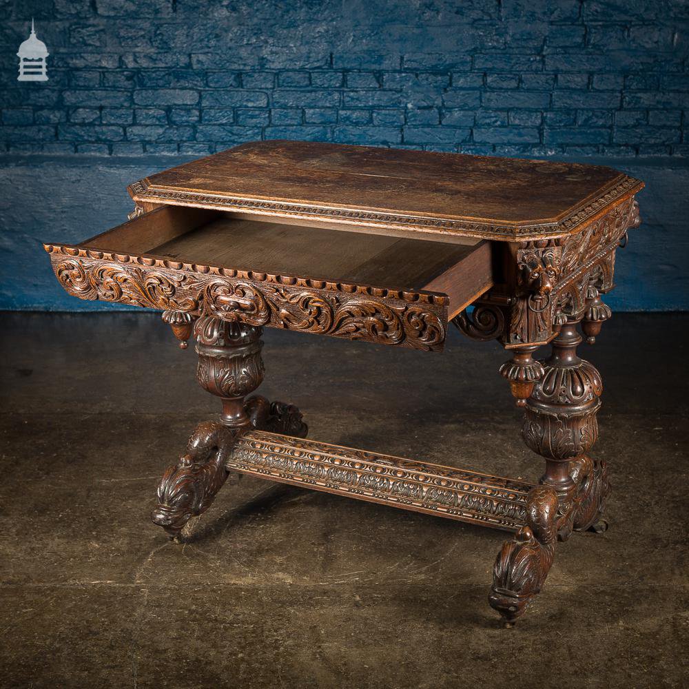 19th C French Renaissance Carved Oak Side Table Complete with Dolphin Base and Whimsical Designs