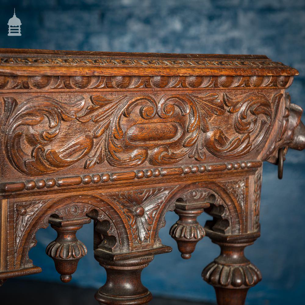 19th C French Renaissance Carved Oak Side Table Complete with Dolphin Base and Whimsical Designs