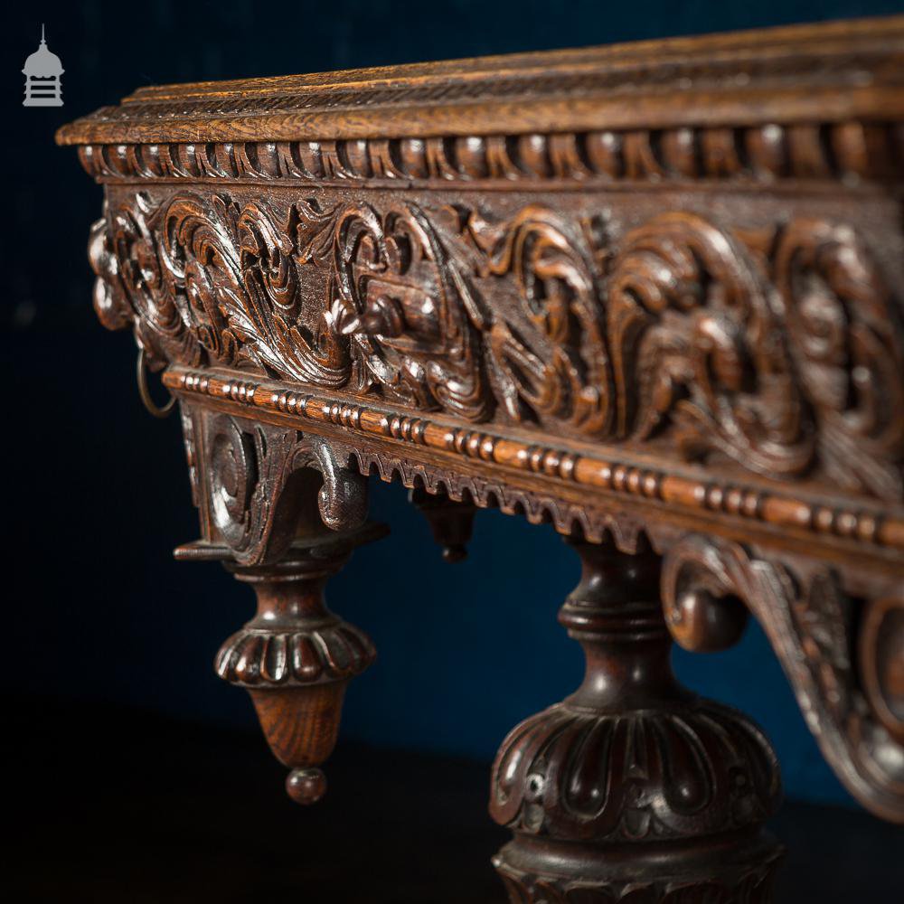 19th C French Renaissance Carved Oak Side Table Complete with Dolphin Base and Whimsical Designs