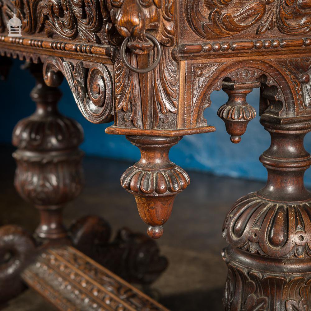 19th C French Renaissance Carved Oak Side Table Complete with Dolphin Base and Whimsical Designs