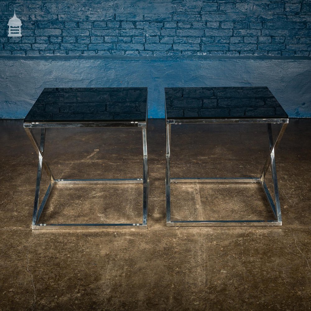 Pair of Modern Glass Top Tables on Contemporary Chrome Bases