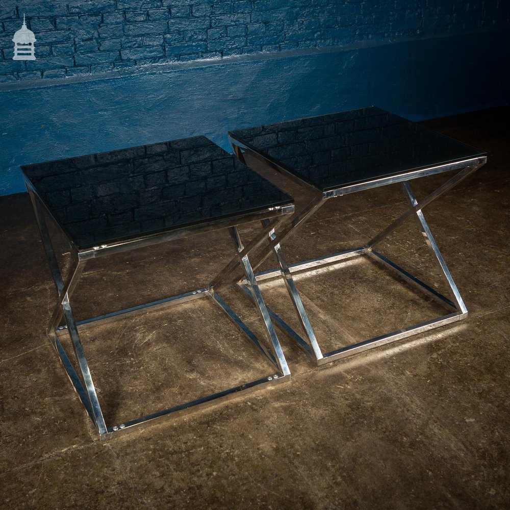 Pair of Modern Glass Top Tables on Contemporary Chrome Bases