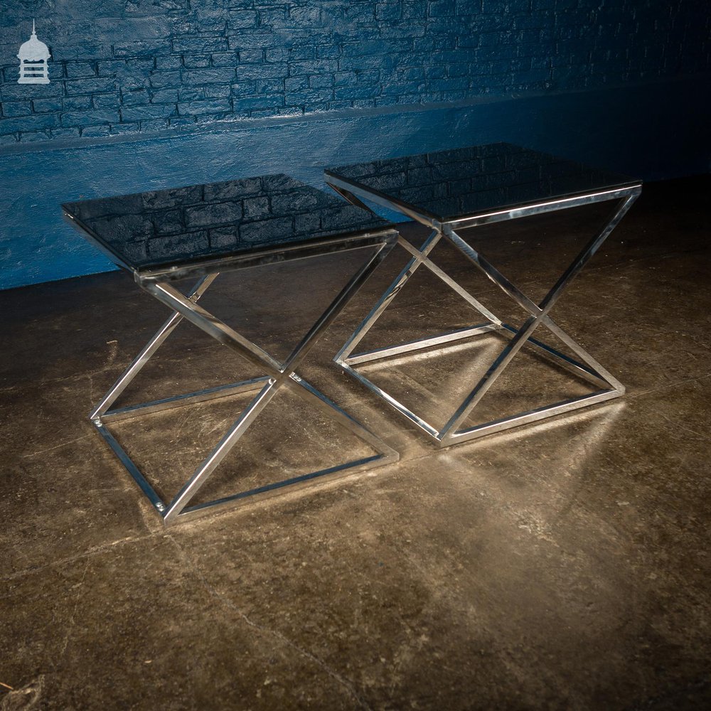 Pair of Modern Glass Top Tables on Contemporary Chrome Bases