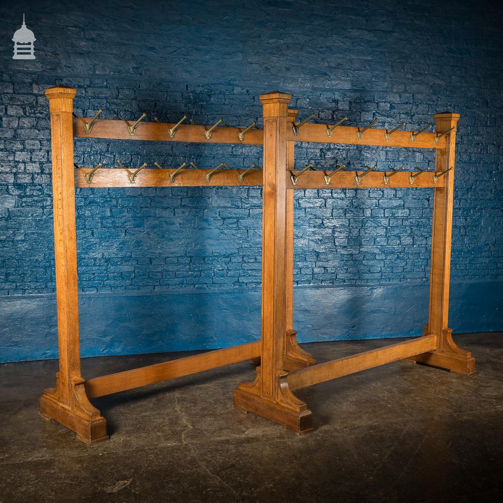 Pair of 1920s Oak and Brass Hat Racks