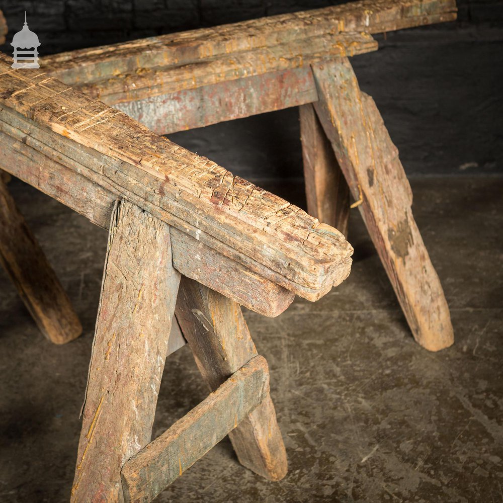 Set of 3 Large Wooden Workshop Trestles in Original Condition