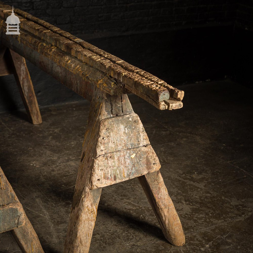 Set of 3 Large Wooden Workshop Trestles in Original Condition