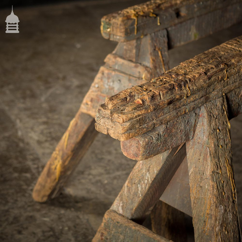 Set of 3 Large Wooden Workshop Trestles in Original Condition