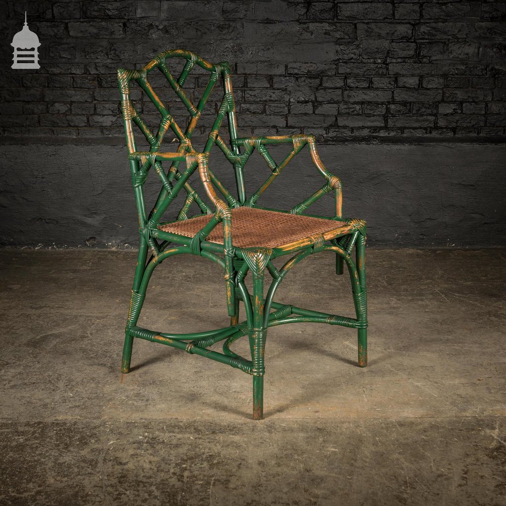 Victorian Summer Room Bamboo Armchair with Cane Seat and Green Painted Finish