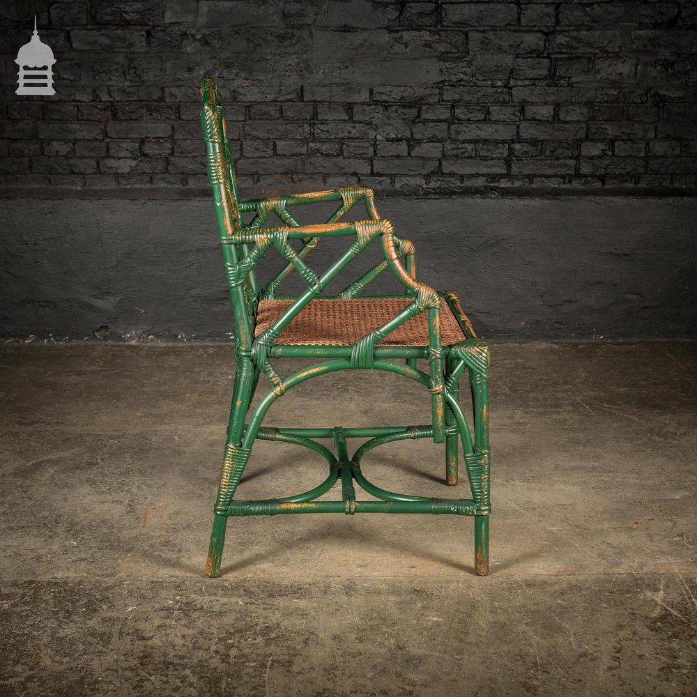 Victorian Summer Room Bamboo Armchair with Cane Seat and Green Painted Finish