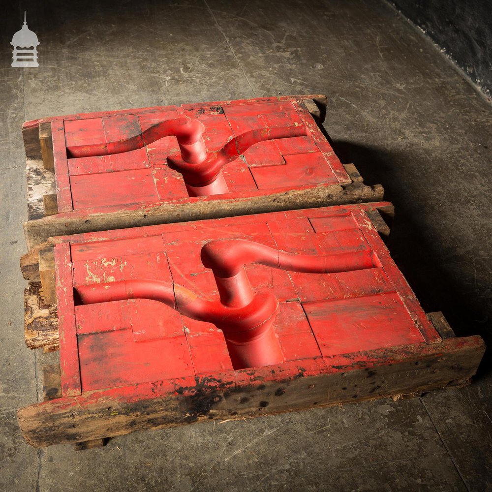 Pair of Red Wooden Vintage Industrial Factory Foundry Pattern Moulds