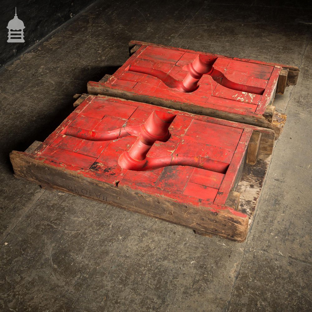 Pair of Red Wooden Vintage Industrial Factory Foundry Pattern Moulds