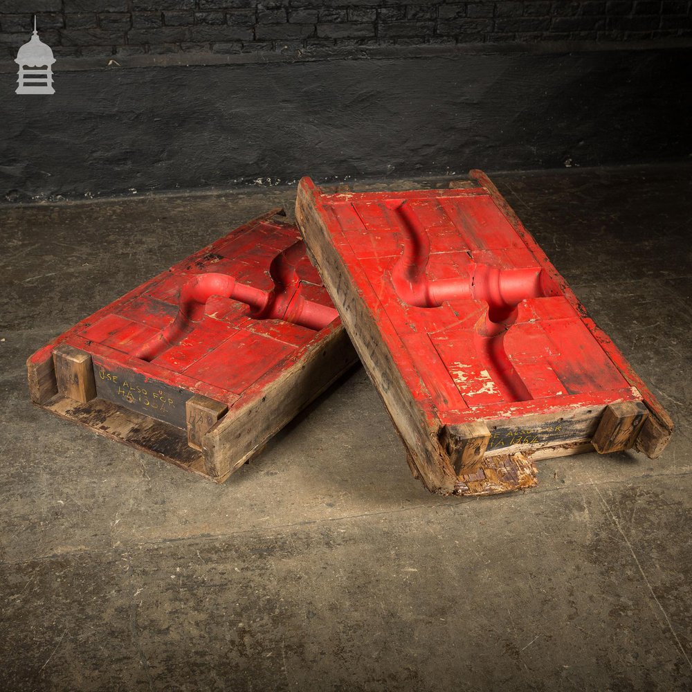 Pair of Red Wooden Vintage Industrial Factory Foundry Pattern Moulds