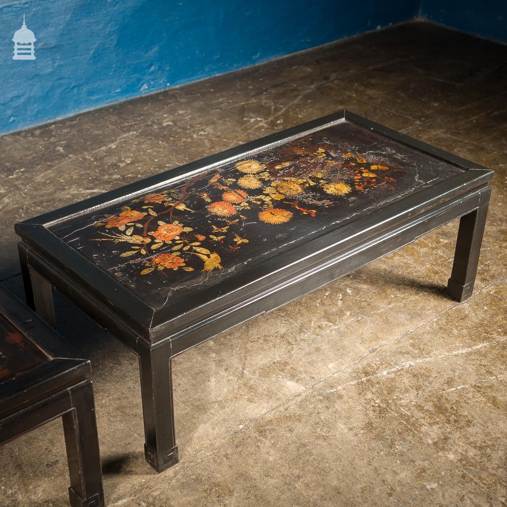 Pair of Vintage Hand Painted Chinese Lacquered Coffee Tables