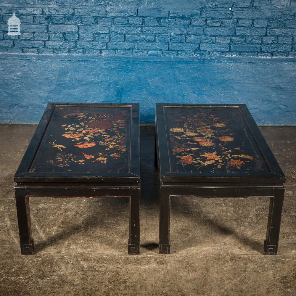 Pair of Vintage Hand Painted Chinese Lacquered Coffee Tables