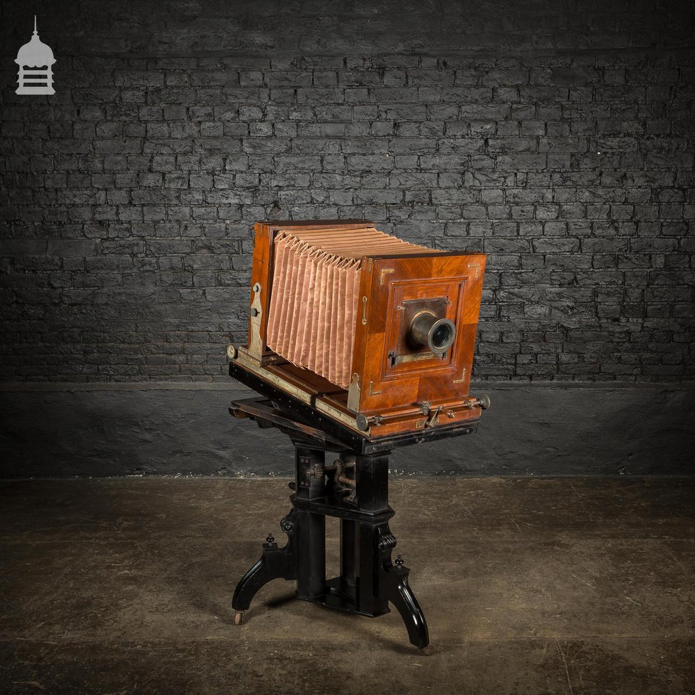 Circa 1890 Wet Plate Mahogany Studio Camera with Additional Lens and Backs on Height Adjustable Wheeled Tripod