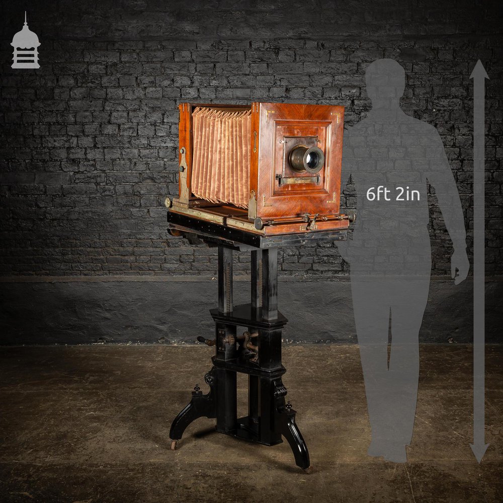 Circa 1890 Wet Plate Mahogany Studio Camera with Additional Lens and Backs on Height Adjustable Wheeled Tripod