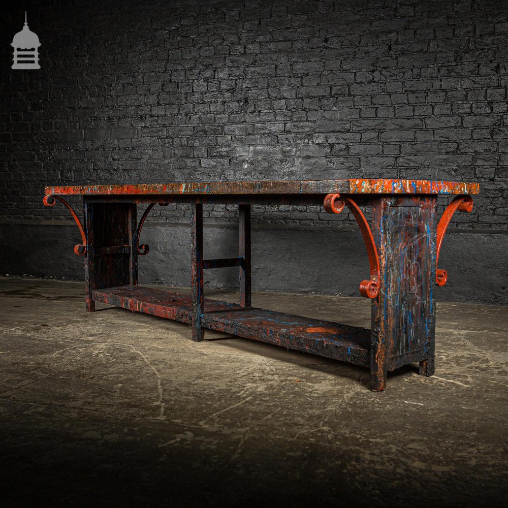 Pine Topped Custom Built ‘Paint Shop’ Dining Table with Iron Scroll Support Detail