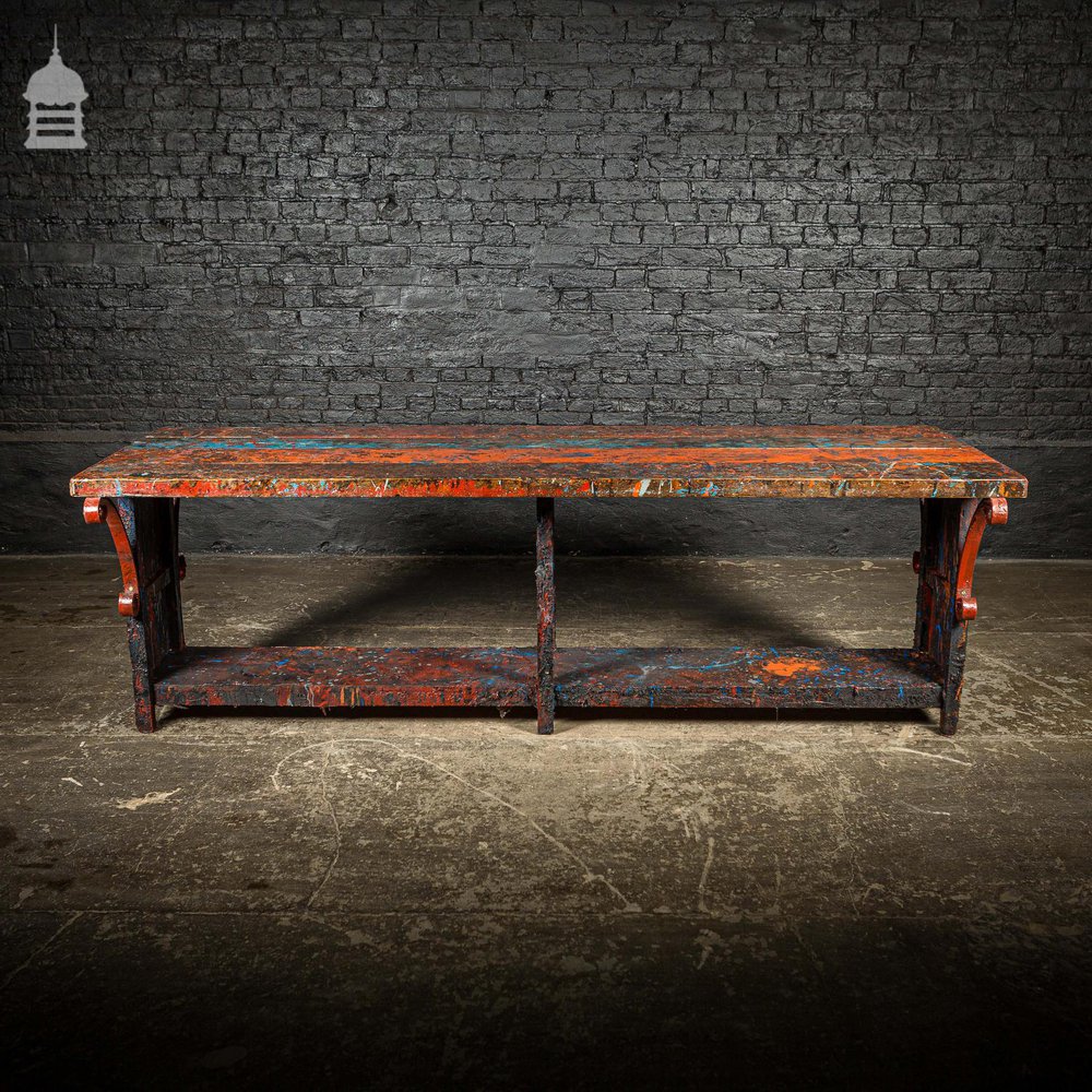 Pine Topped Custom Built ‘Paint Shop’ Dining Table with Iron Scroll Support Detail