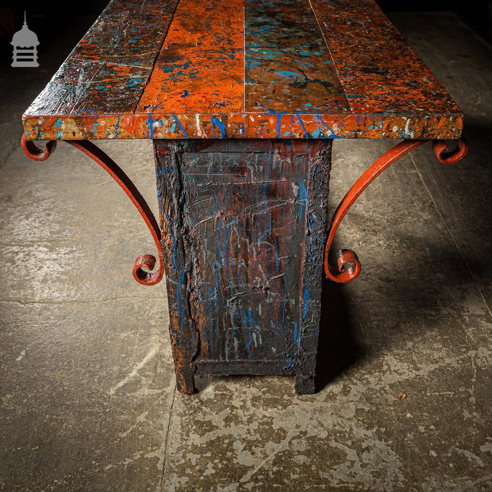 Pine Topped Custom Built ‘Paint Shop’ Dining Table with Iron Scroll Support Detail