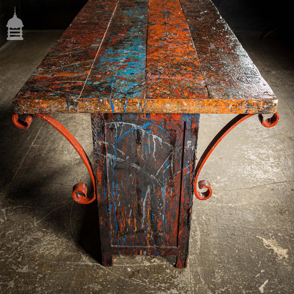 Pine Topped Custom Built ‘Paint Shop’ Dining Table with Iron Scroll Support Detail