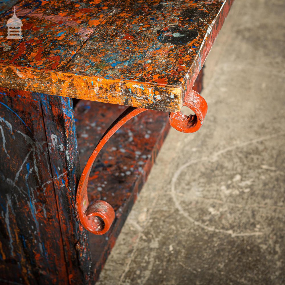 Pine Topped Custom Built ‘Paint Shop’ Dining Table with Iron Scroll Support Detail