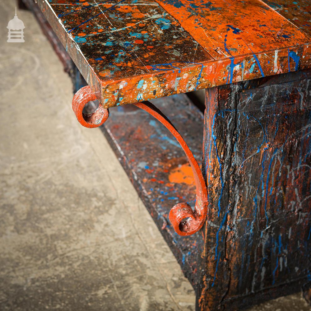 Pine Topped Custom Built ‘Paint Shop’ Dining Table with Iron Scroll Support Detail