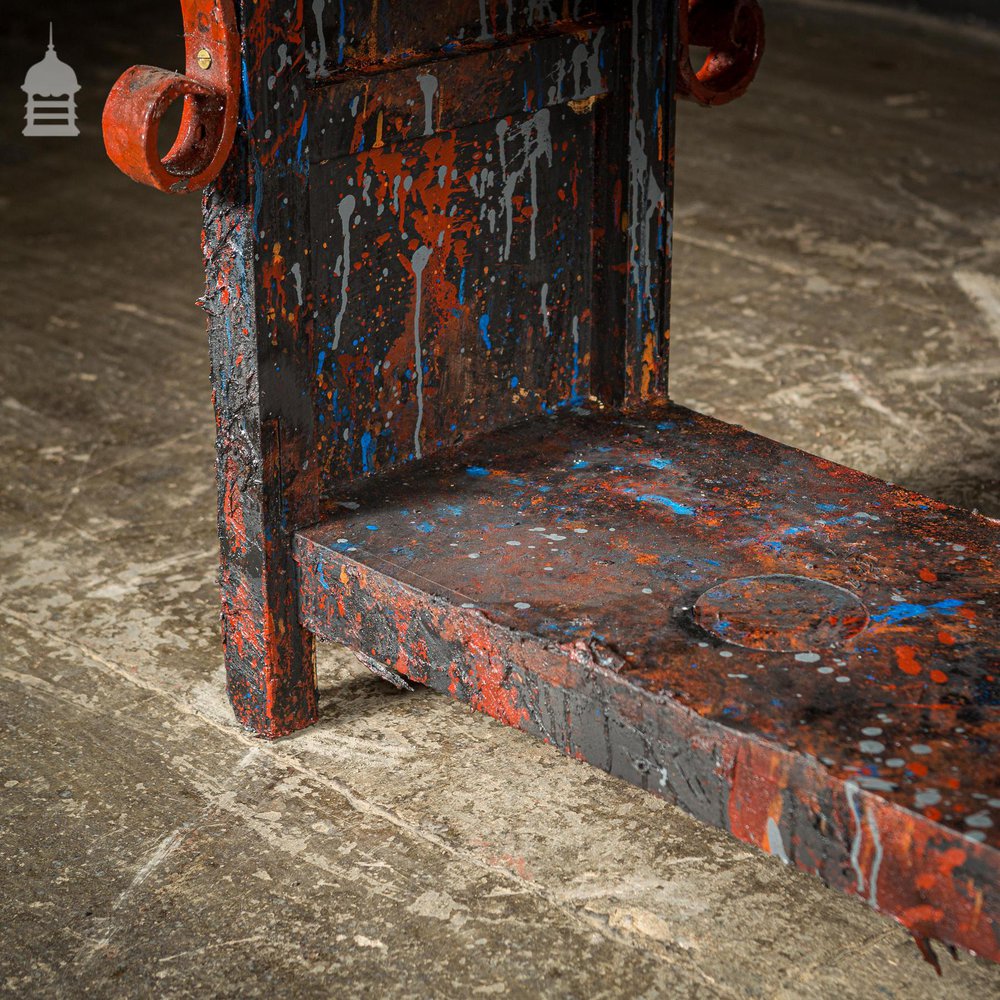 Pine Topped Custom Built ‘Paint Shop’ Dining Table with Iron Scroll Support Detail