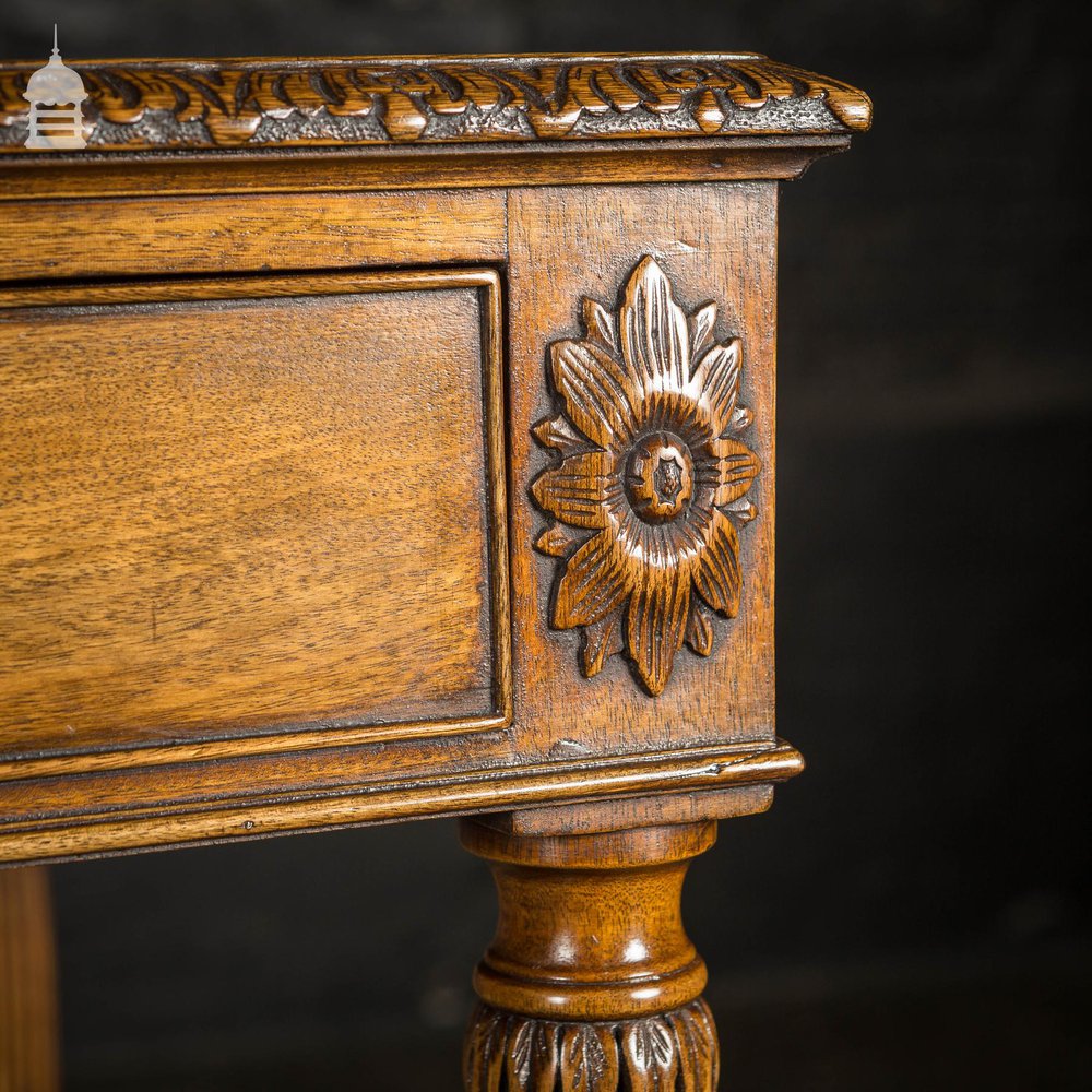 A Fine Late 19th C Sheraton Style Writing Table with Carved Prince of Wales Feathers Escutcheons and Elegant Mellon Fluted Legs.