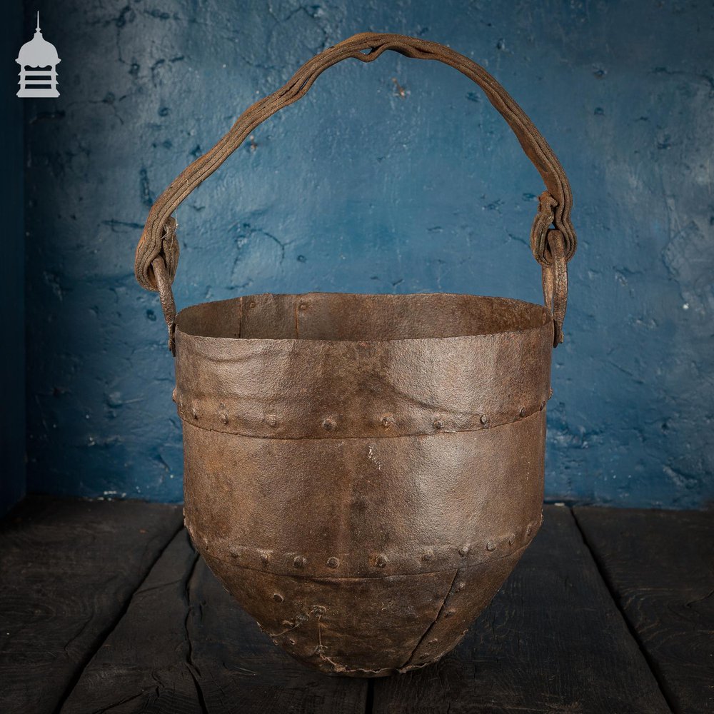 NR45021: 18th C Riveted Metal Bucket with Leather Strap Handle