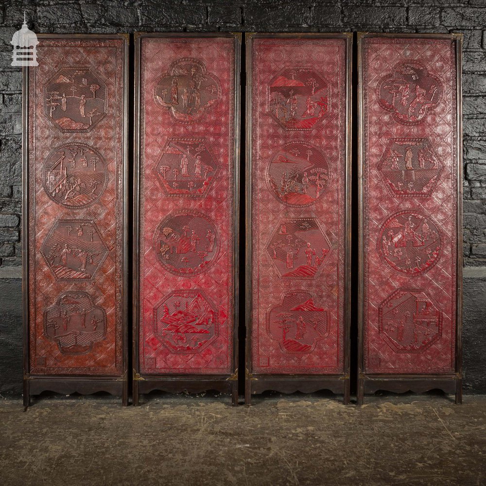 Set of 4 Early 19th C Chinese Intricately Carved Red Cinnabar Lacquer Screen Panels, Wall Hangings Featuring 16 Separate and Unique Reserves. Ching Dynasty