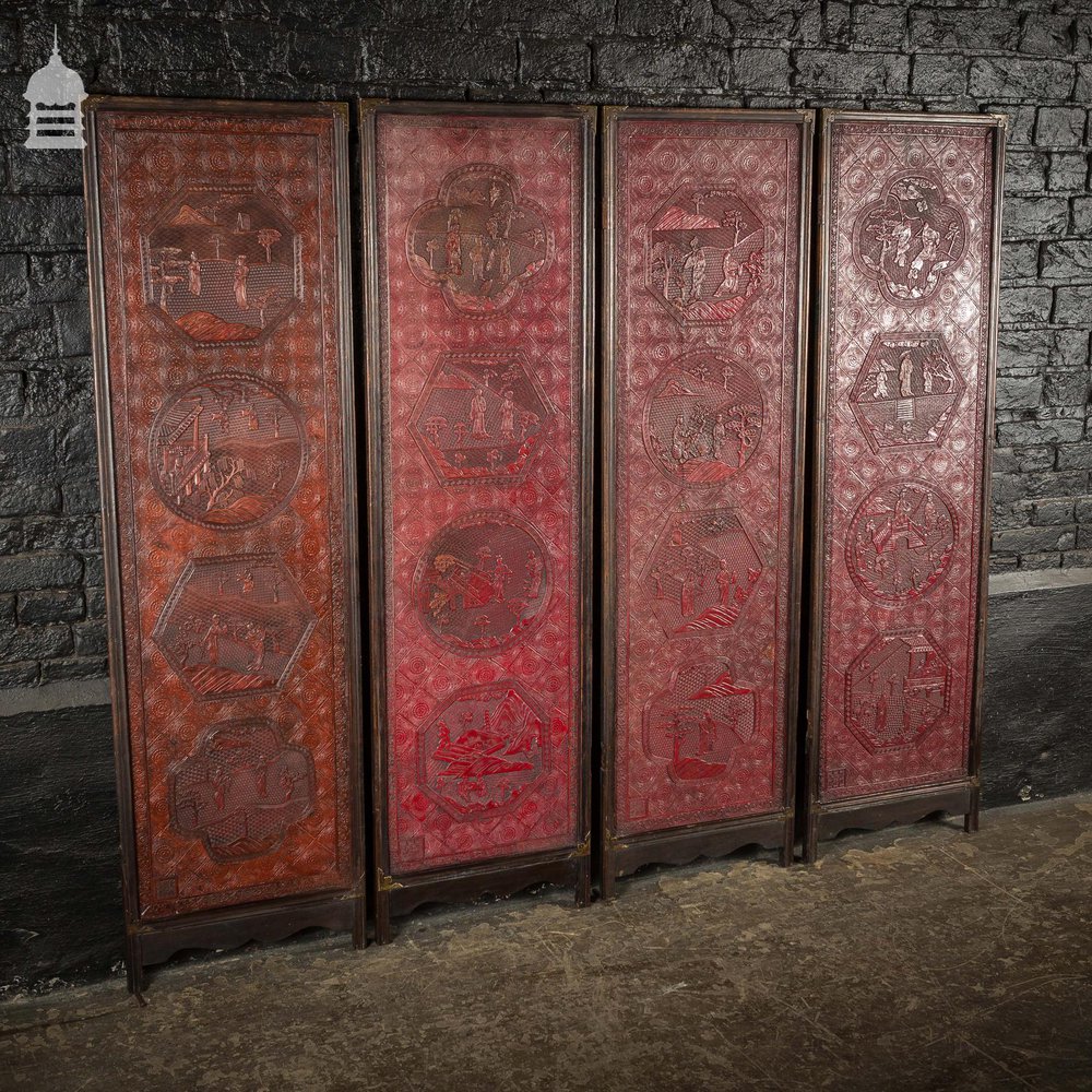 Set of 4 Early 19th C Chinese Intricately Carved Red Cinnabar Lacquer Screen Panels, Wall Hangings Featuring 16 Separate and Unique Reserves. Ching Dynasty