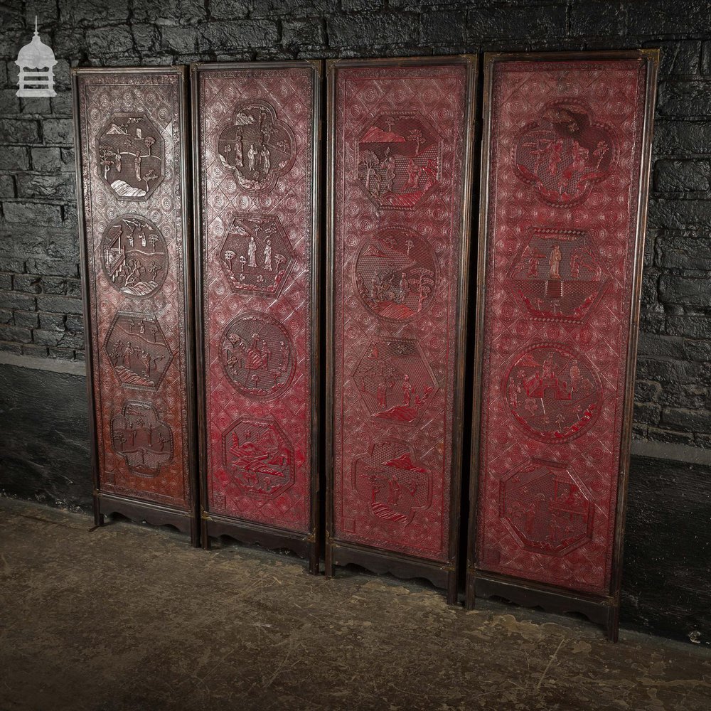 Set of 4 Early 19th C Chinese Intricately Carved Red Cinnabar Lacquer Screen Panels, Wall Hangings Featuring 16 Separate and Unique Reserves. Ching Dynasty