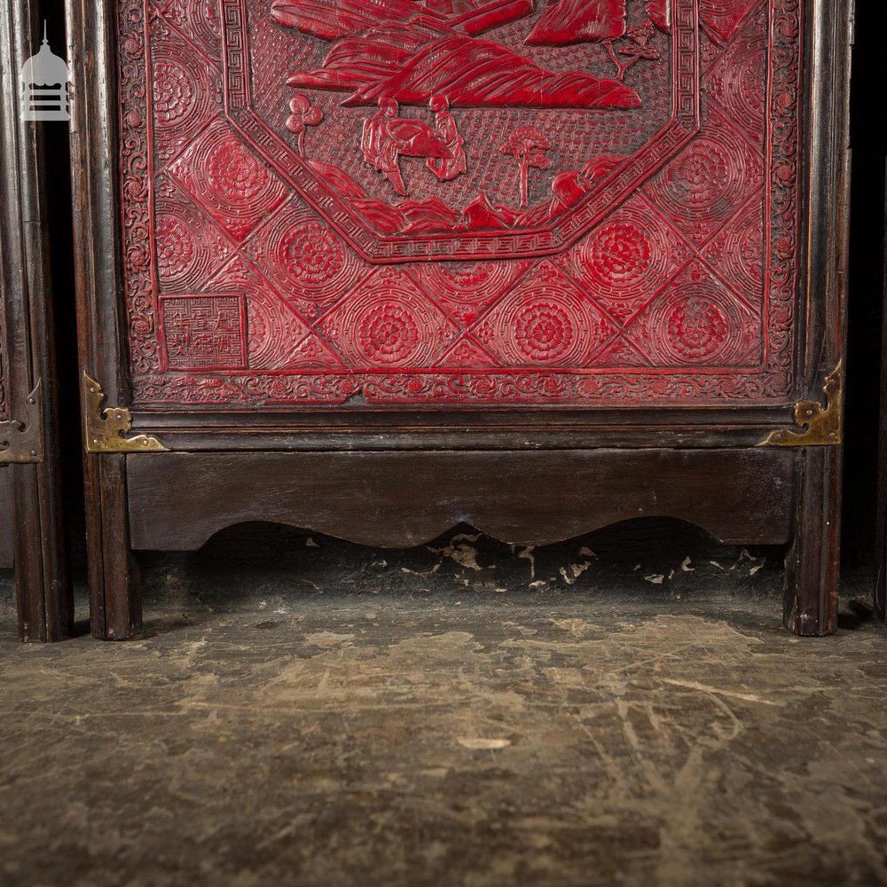 Set of 4 Early 19th C Chinese Intricately Carved Red Cinnabar Lacquer Screen Panels, Wall Hangings Featuring 16 Separate and Unique Reserves. Ching Dynasty