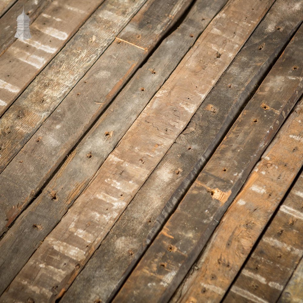 NR46621: Batch of 40 Square Metres of Narrow Pine Strip Wall Cladding Cut from Victorian Joists with Lath and Plaster Marks