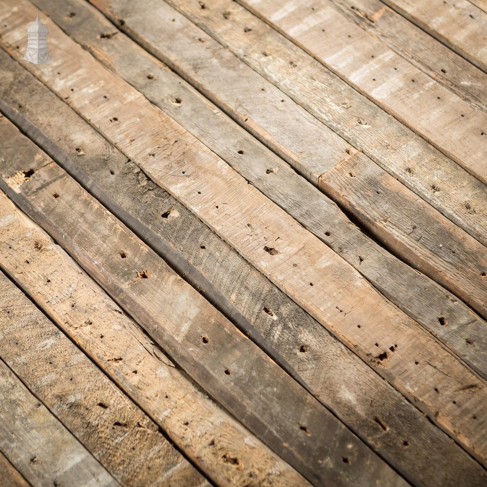 NR46621: Batch of 40 Square Metres of Narrow Pine Strip Wall Cladding Cut from Victorian Joists with Lath and Plaster Marks