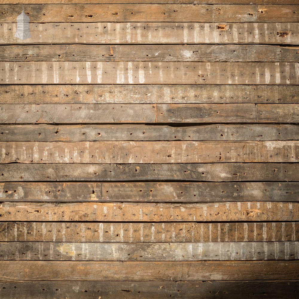 NR46621: Batch of 40 Square Metres of Narrow Pine Strip Wall Cladding Cut from Victorian Joists with Lath and Plaster Marks