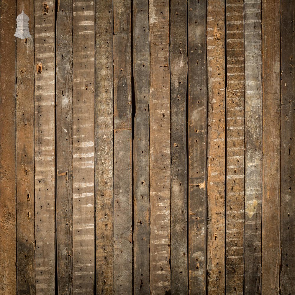 NR46621: Batch of 40 Square Metres of Narrow Pine Strip Wall Cladding Cut from Victorian Joists with Lath and Plaster Marks