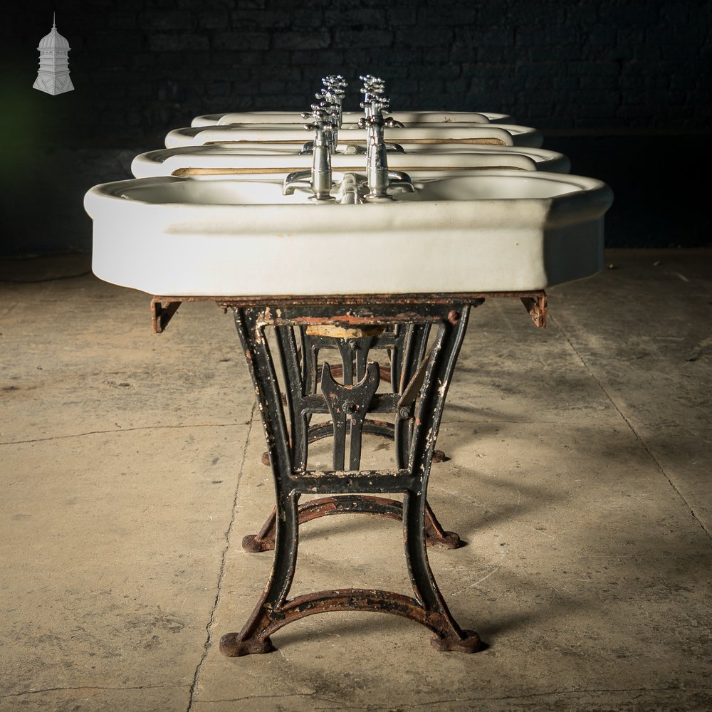 Communal Washroom Sinks, Original Edwardian Eight Basin Arrangement on Cast Iron Stand