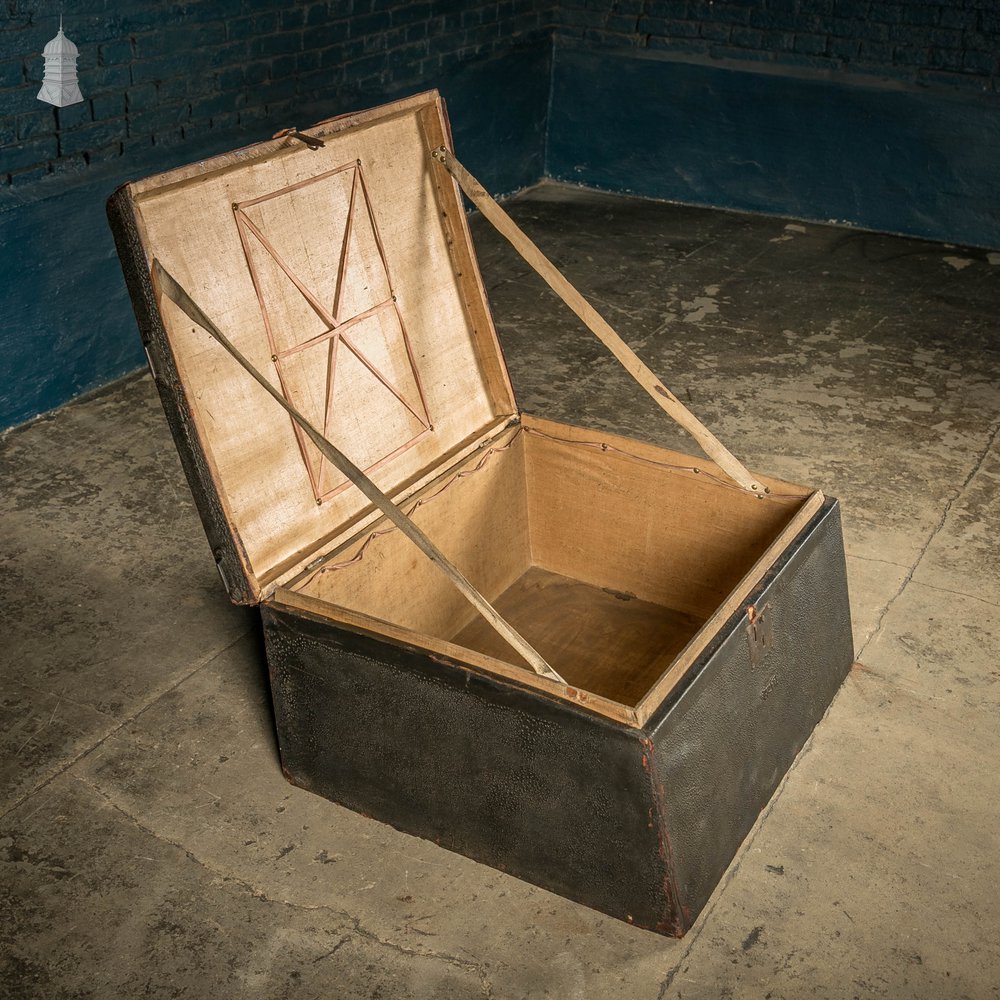 Leather Covered Trunk, 19th C Wooden Box Covered with Black Leather