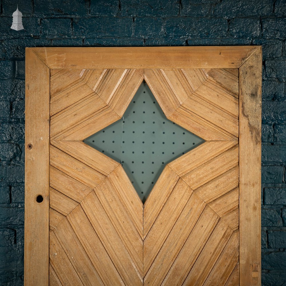 Geometric Glazed Door, 19th C Moulded Pine, with Frosted Glazing