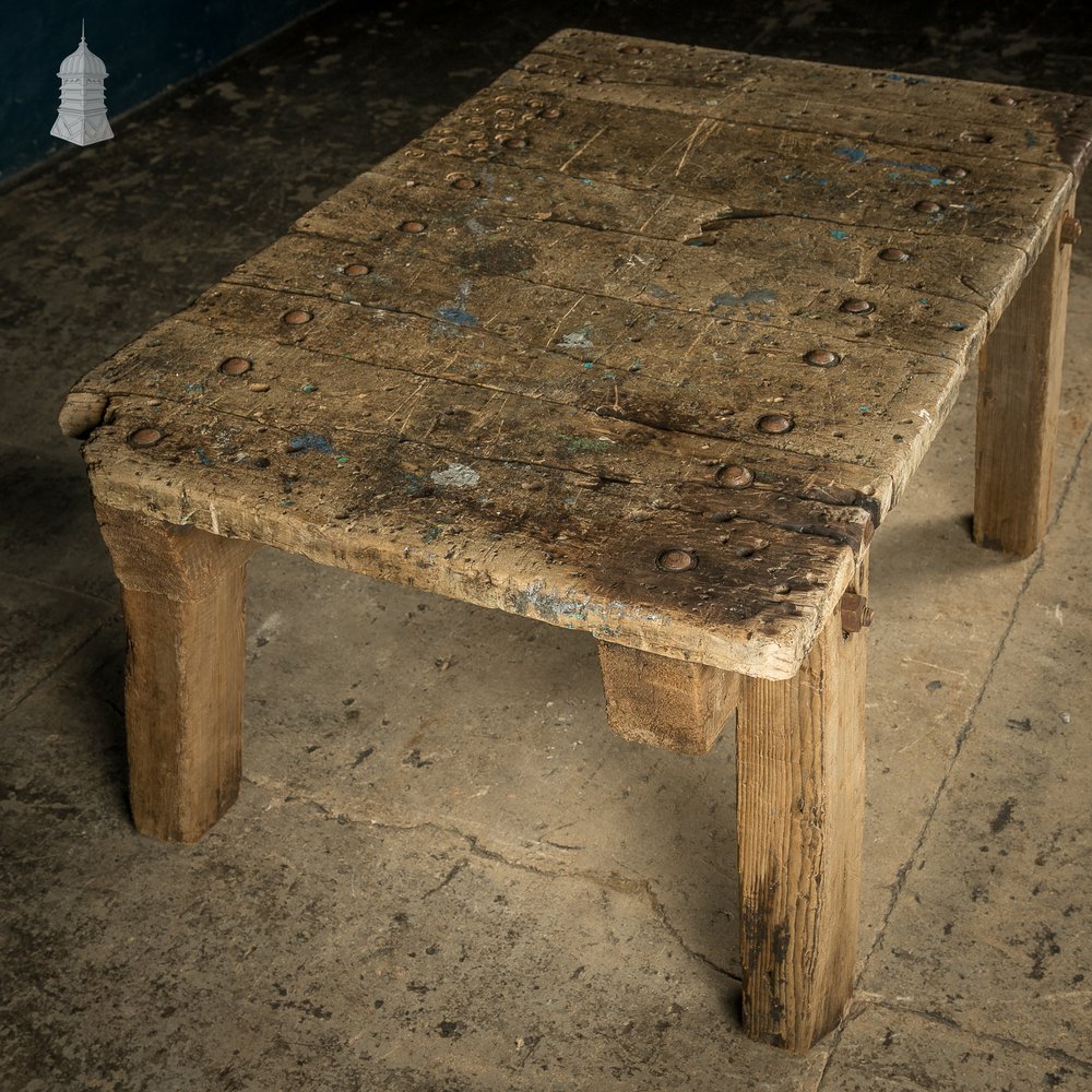 Industrial Workbench Table, Vintage Workshop Trestle Coffee Table