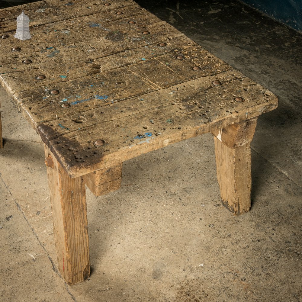 Industrial Workbench Table, Vintage Workshop Trestle Coffee Table