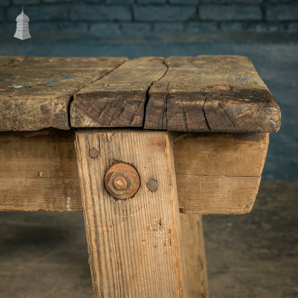 Industrial Workbench Table, Vintage Workshop Trestle Coffee Table