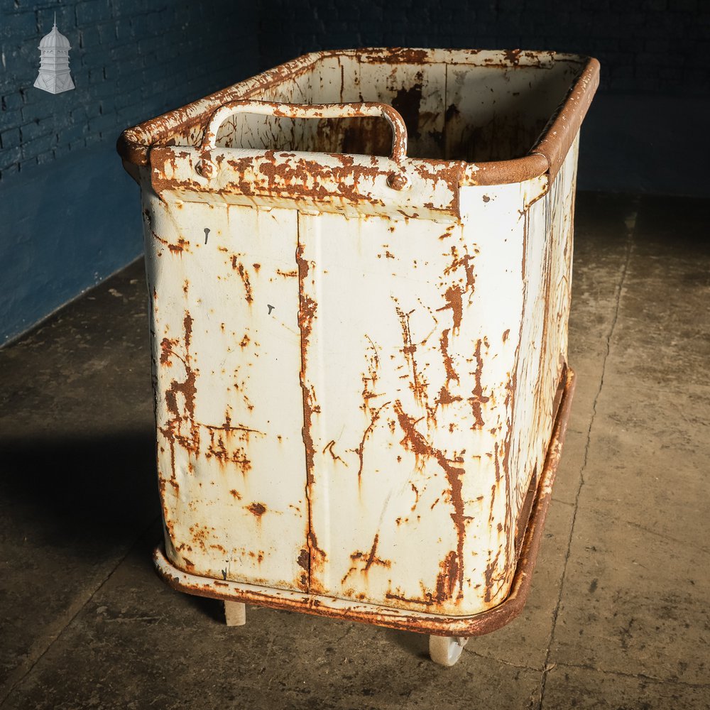 Large Wheeled Industrial Steel Bin with Distressed White Painted Finish