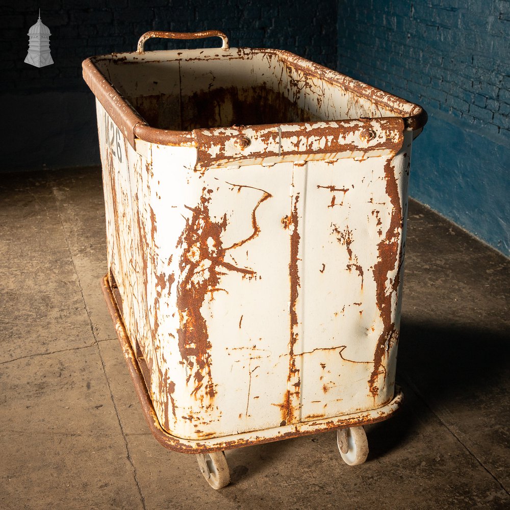 Large Wheeled Industrial Steel Bin with Distressed White Painted Finish