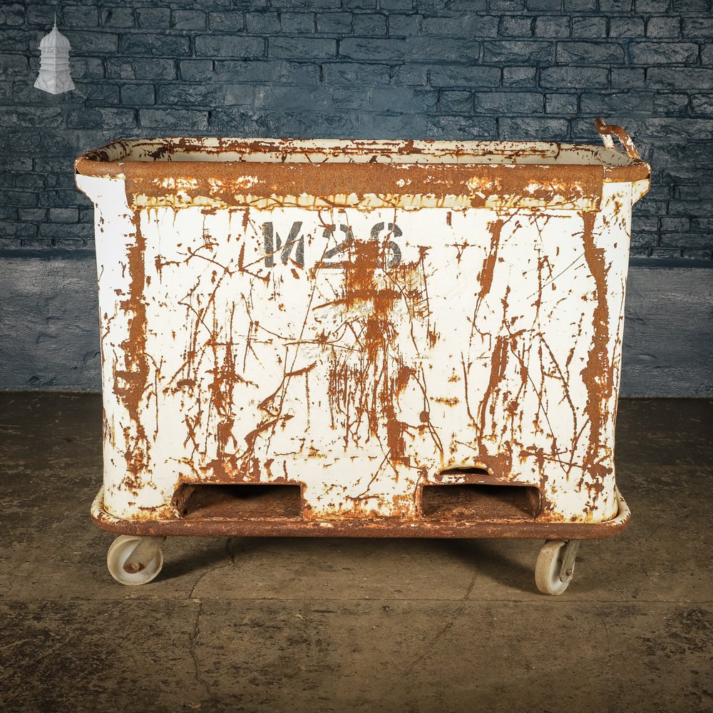 Large Wheeled Industrial Steel Bin with Distressed White Painted Finish