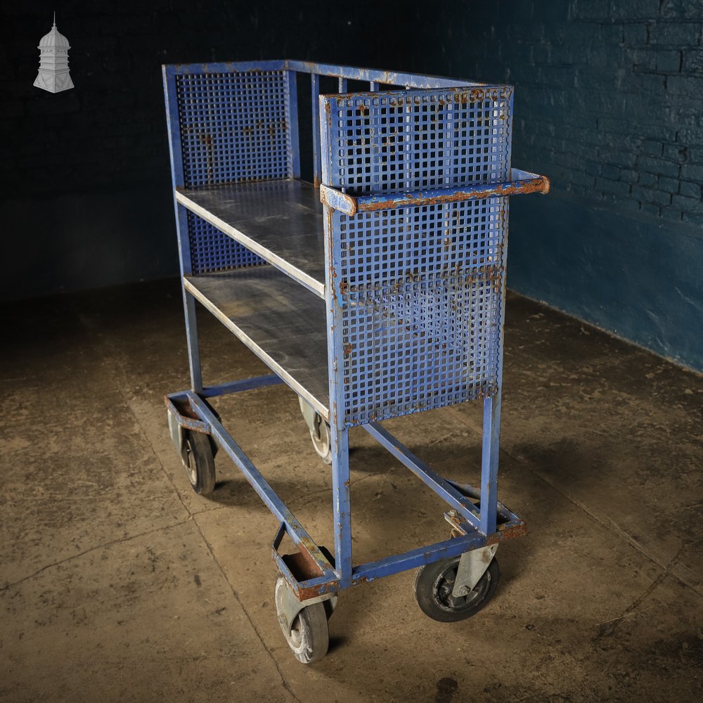 Vintage Blue Steel Wheeled Industrial Trolley Shelf Unit