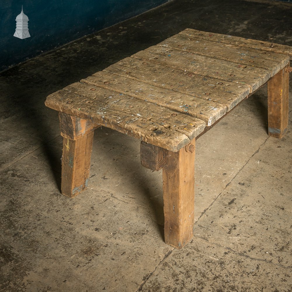 Industrial Workbench Table, Vintage Workshop Trestle Coffee Table