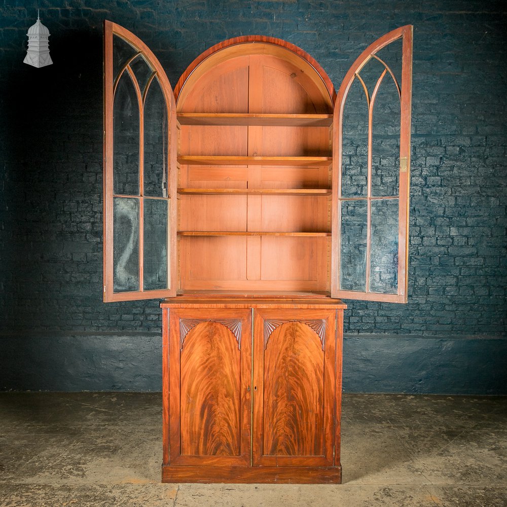 Astral Glazed Bookcase Cabinet, Regency Mahogany Arch Top