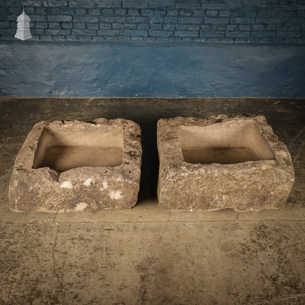 Pair of Weathered Carved Stone Trough Planters